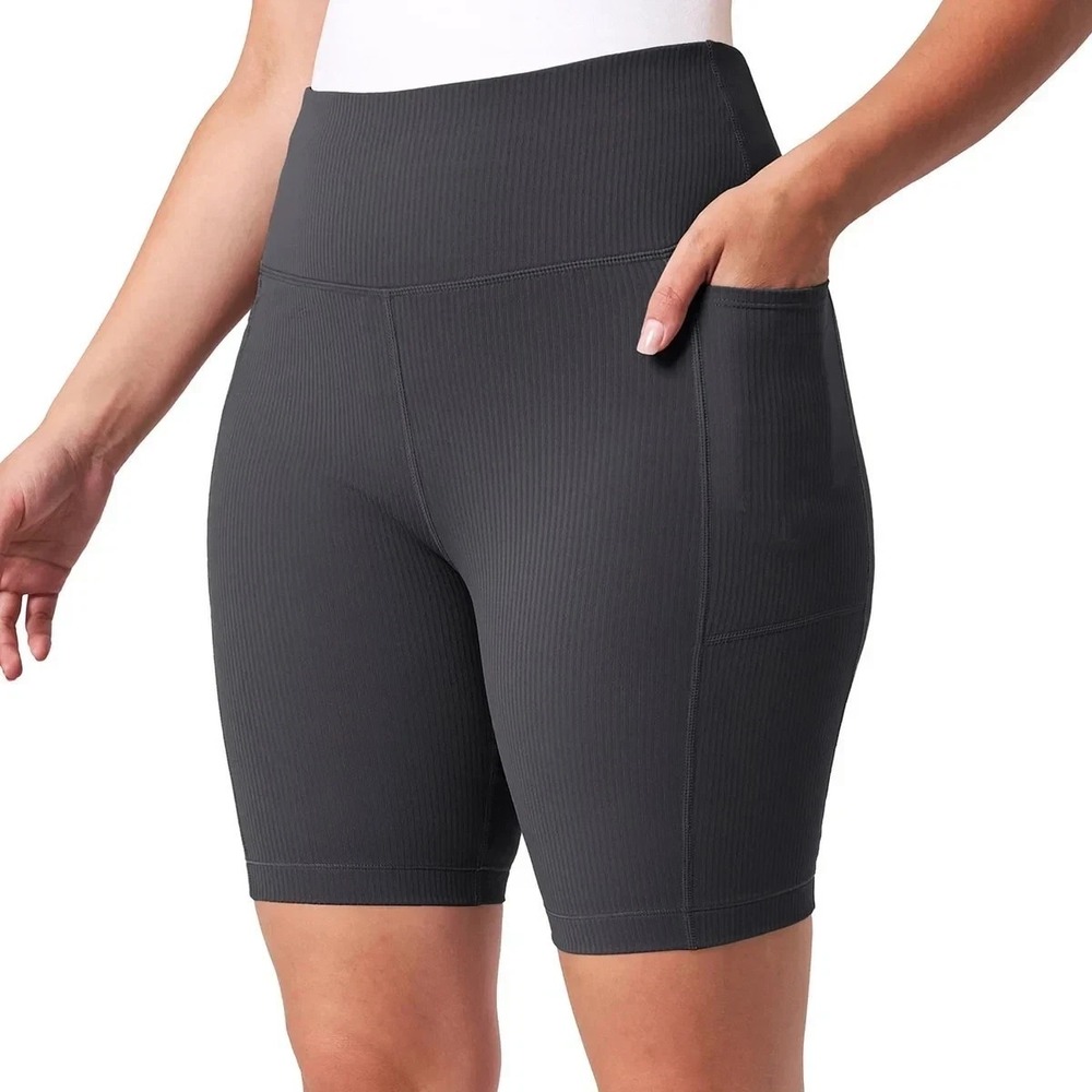 Mondetta High Rise Ribbed Biker Shorts Black Small Drawcord‎ Pockets NWT